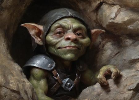 a diminutive olive-green-skin goblin wearing a metal helmet and brown leather tunic emerging from the shadows of a long cave, wiry arms and taloned hands chiaroscuro very detailed and highly textured goblin with black eyes background deep ominous cave monster portrait painting by ClassipeintXL