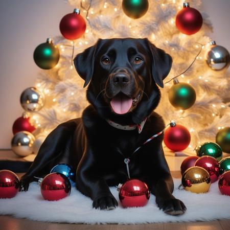 photography very realist dog playing with lots of Christmas lights and Christmas balls around him, Christmas decor background