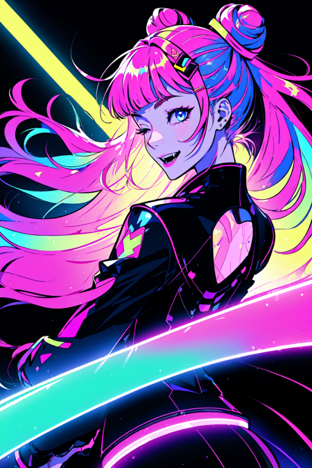 Neon Dreams, (masterpiece, best quality, ultra-detailed, highres, best illustration),perfect face, ((solo, solo focus, kawaii, neon rim lighting, neon back lights )),side lighting, epic, illustration, render, volumetric lighting, welcoming, see-through gossamer, lustrous skin,(bloom), (shine), 1girl, one eye closed, pink hair, solo, bandaid, v, fangs, smile, open mouth, hair ornament, heart, jewelry, stuffed toy, long hair, looking at viewer, bow, jacket, collar, hairclip, hair bow, sticker, hair bun, bangs, ring, phone, long sleeves, upper body, blue eyes, nail polish, stuffed animal, star \(symbol\), single hair bun, specular highlights, neon theme, neon futurism, dynamic angle, dynamic pose,city background  <lora:Neon_Dreams:0.8>