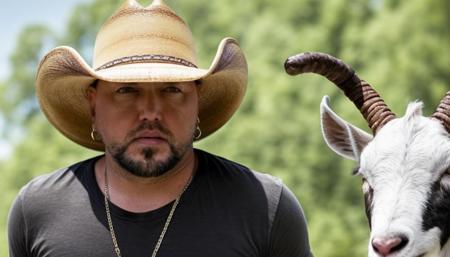 movie still of jasonaldean person low wide angle shot trying to punch a friendly goat. Alien spaceship with cyborg alien small town tough-guys holding a sausage and yelling authorize pee dee river . Crucified by Alien religious people. Small town boy crying. tears. sad faces, shock, outrage, losers.