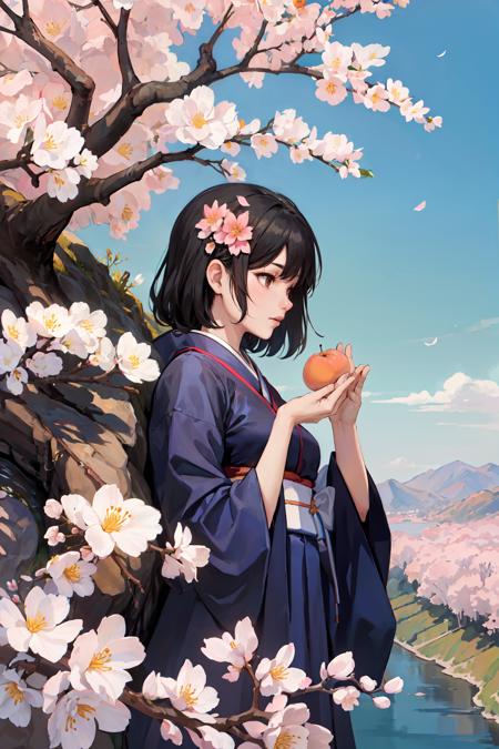 (masterpiece:1.2, best quality), 1lady, solo,  <lora:Hanbok_LoRA_V2:0.5>, hanbok, korean traditional clothes, (apricot blossom:1.1), Fluttering flowers, black hair, (sky, river, cliff), upper body, (top view)