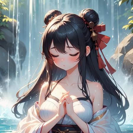 (((masterpiece))),  (((best quality))),  (((takigyo))),  ((mudra)),  ((close hands together)),  meditation under water,  falling water hitting body,  close eyes,  black see through hanfu,  solo,  1girl,  collarbone,  cleavage,  big tits,  sweat,  ribbon,  twin bun hair,  shy,  blush,<lora:EMS-277088-EMS:1.000000>