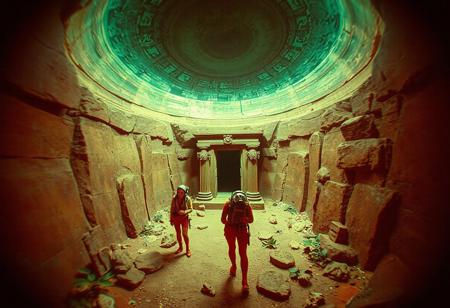 Viewmaster 3d  cinematic photograph, three women astro-explorers , exploring a vast underground lost scared watermelon temple ,1960s adventure b-movie science fiction film, technicolor,