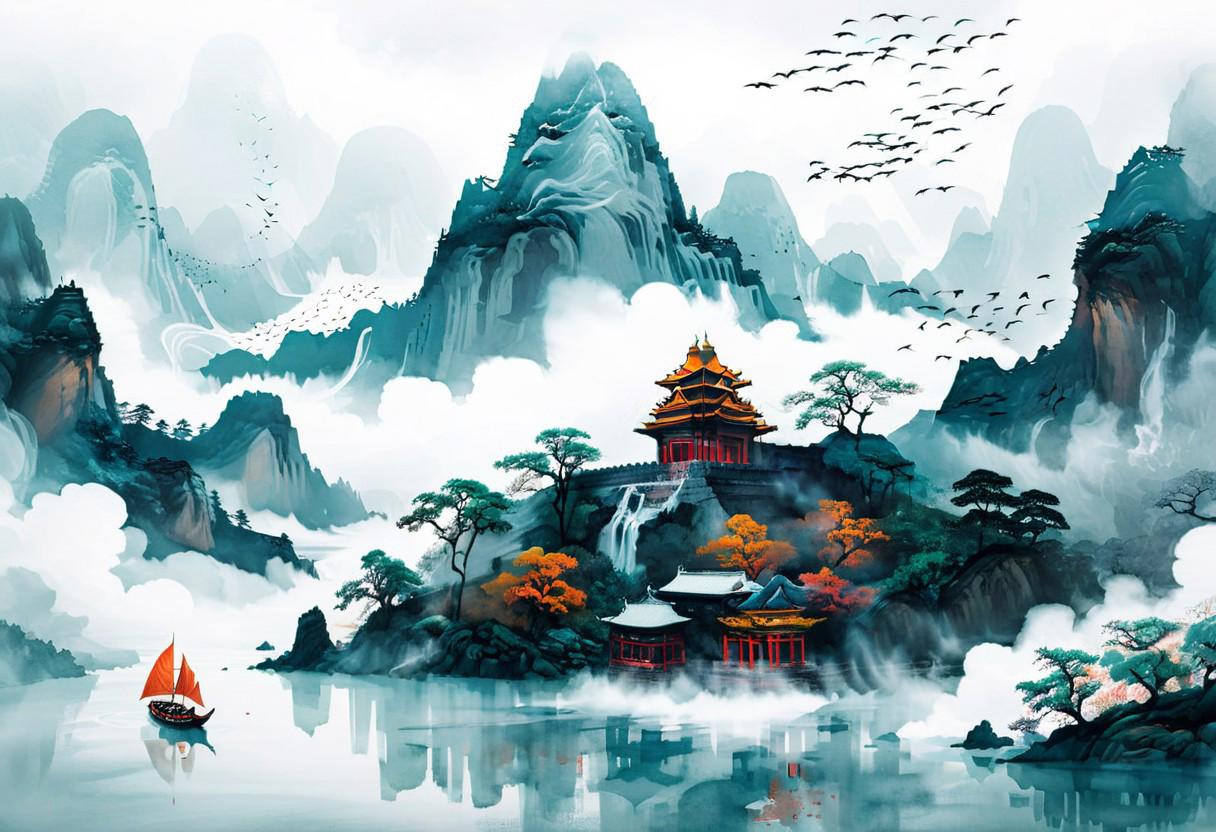 "Serene Sail" - Title: "Temple in the Sky"
Minimalist ink sketch, bright colours, highly stylized, of double exposure effect, ((featuring a gargantuan twisting murmuration of thousands of crane birds taking flight off the water, detailed and intricate)), The Forbidden City, featuring a large Buddhist temple monastery nestled high among mountain peaks and glaciers, while a large mystical sailboat with a colourful solitary sail glides through vast cumulus mists, style reminiscent of Nihonga and Ukiyo-E, imbued with a perfect composition, an epic dreamy atmosphere, sharp focus, intricate details, trending on ArtStation, highly detailed work styled by Greg Rutkowski.