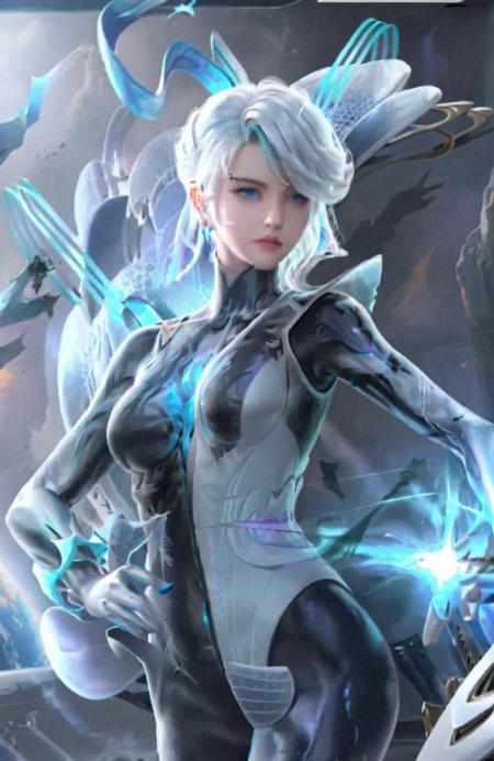 (1girl),masterpiece,best quality,<lora:JialuoLoraXL:0.9>,blue eyes,bodysuit,short white hair,