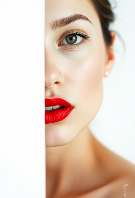 A captivating minimalist portrait of a shy and alluring woman. The left half of her face is visible, with her delicate features seamlessly merging into a blank canvas of white. Her soft, bright red lips contrast against the monochromatic background, drawing the viewer's attention. Her eyes hold a subtle, and enchanting vibes. The simplicity of the composition, with its stark contrast, evokes a sense of ethereal beauty. by Sasan
