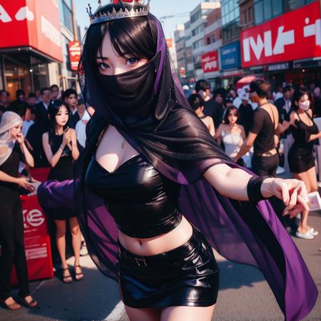 dancing queen, solo, walking on the street, masked by veil, purple veil, long hair, straight hair, midriff, crown, portrait
<lora:Dancing_Queen:0.65>