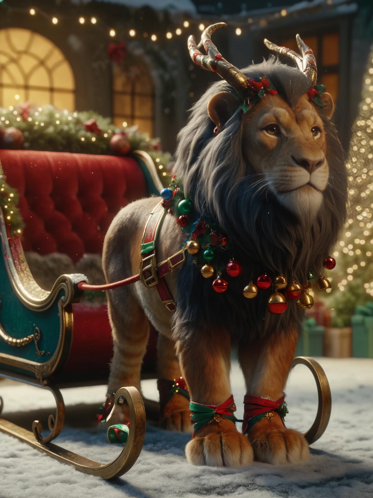 A Lion in a Sleigh with Christmas Decorations