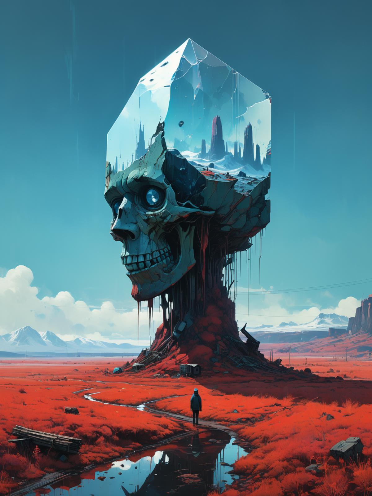 A person standing in front of a massive skull sculpture in a desert landscape.