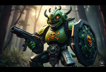 A vibrant green Ancient Gear Golem robot in a dynamic action pose, holding a gun and shield, yellow skull and crossbones emblem on chest, intricate mechanical details, against a dramatic Ancient Forest background with volumetric lighting. Cinematic keyframe, Octane render, Unreal Engine 5, HDR, depth of field. Highly detailed, sharp focus, trending on Artstation, CGSociety, Splash Ink Illustration style.