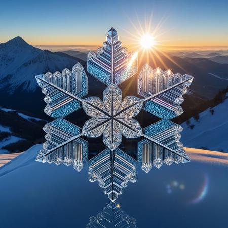 Beautyful high Glossy vector zentangle prismatic crystal glass snowflake in the mountain sunlight, 
3 D render, 
HD - by Andrea