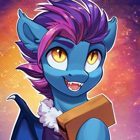 score_9, score_8_up, score_7_up, score_6_up, BREAK source_pony, rating_safe, bet pony
male, solo, blue mane, dark blue skin, blue eyes, cute, squinty eyes, (Bat Pony
Dark Coat
Dark Blue Coat
Bat Wings
Blue Mane
Blue Tail
Large Eyes
Yellow Eyes
Armor
Lunar Guard Armor
Night Guard
Holding Box
Joe's Donuts Box
Flying
Night Sky
Full Moon
Cute
Loyal
Cheerful
Friendly
Fang
Sharp Teeth
Wings Spread
Feathered Wings
Expressive Eyes
Pointy Ears
Winking
Midnight Blue
Detailed Armor
Joyful Expression
Energetic
Protective
Vigilant
Playful
Happy
Adventurous
Determined
Vibrant Colors
Mystical
Cartoon Style
High Contrast
Shadows
Highlighted Edges
Bright Moonlight
Starry Night
Animated
Comic Character
Friendship
Magical
Colorful Background
Night Scene)
best quality, high detail, clear lines, 
focus on face, portrait