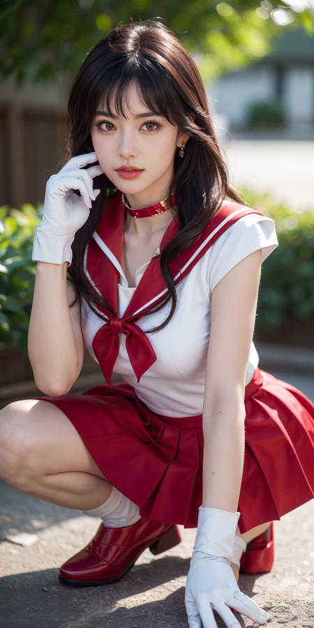 (masterpiece, best quality:1.2), ultra highres, 4k, 8k, (realistic, photorealistic:1.4), raw photo, (ultra perfect and beautiful face:1.4), (shiny skin:1.4), 1girl, dark eyes, eyeliner, eyelash, looking at viewer, huge breasts, full body, (tiasailor senshi uniform, white gloves,red sailor collar, red skirt:1.5),very long hair,hair with a hint of purple, <lora:sailor_mars_v1:0.5>