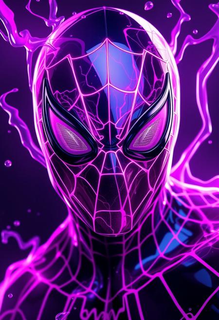 Liquid Neon' style of Spider-Man, where neon lights flow like liquid, creating vibrant patterns of Purple and pink, head and shoulders portrait, 8k resolution concept art portrait by Greg Rutkowski, Artgerm, WLOP, Alphonse Mucha dynamic lighting hyperdetailed intricately detailed Splash art trending on Artstation triadic colors Unreal Engine 5 volumetric lighting، Glossy, wet, ultra realistic