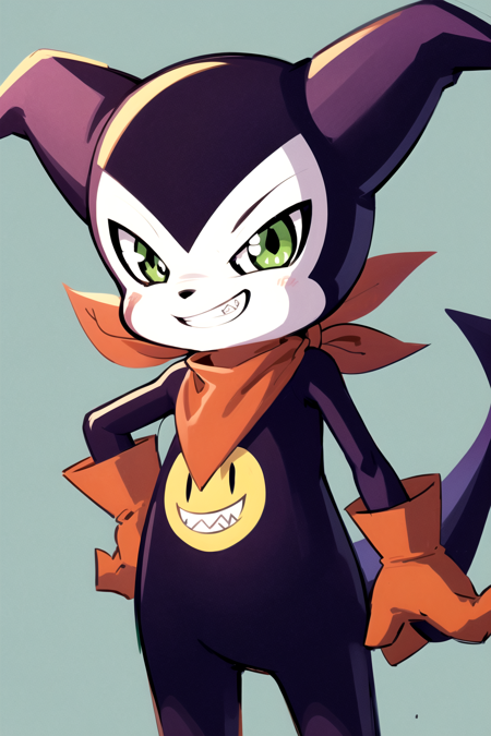 masterpiece, best quality, impmon, solo, digimon \(creature\), closeup, bandana, green eyes, grin, looking at viewer, no humans, sharp teeth, smile, tail  <lora:Impmon:1>