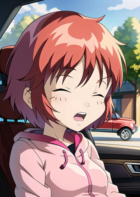 best quality, high detail, (detailed face),  ((best quality, masterpiece)), (high-resolution:1.2),red hair,,black eyes,women, short hair, closed eyes,snores,open mouth, code lyoko,pink short:0.8,sitting, sleeping,in car,car seat,red car,window, window, behind glass,centered