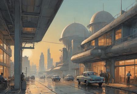 linquivera, liiv1, on parchment, style of ((Ralph McQuarrie and Syd Mead)), a digital painting depicting a mid-century office view from the inside looking outside. Large glass windows from floor to ceiling. 
Bright light vector art illustrations. Modern office with large windows, lots of wood, ((glass windows floor to ceiling)), ((Sharp angled ceiling with exposed wood beams)) in a typical mid century style. creating an indoor-outdoor living feel. Sharp angled ceiling, providing a dynamic, asymmetrical look, ((one Solo guy in T-shirt working on laptop)), Flat vector art, art, office space, inside looking outside, retro designer type guy, a 1950’s pulp magazine cover art. in the style of minimal retouching, 
 The city around it is composed of tall, slender buildings with (cyberpunk-style architecture), featuring protruding structures and neon lights. In the hazy sky, (airships or futuristic vehicles) float above, hinting at advanced technology and a busy urban atmosphere. The color palette is predominantly (desaturated tones of beige and blue), 
with bright colored foreground subjects, with the scene set against a backdrop of what could be a smog-filled sky, creating a sense of depth and scale. The artwork combines elements of nostalgia with speculative future technologies, presenting a visually rich, sci-fi environment.