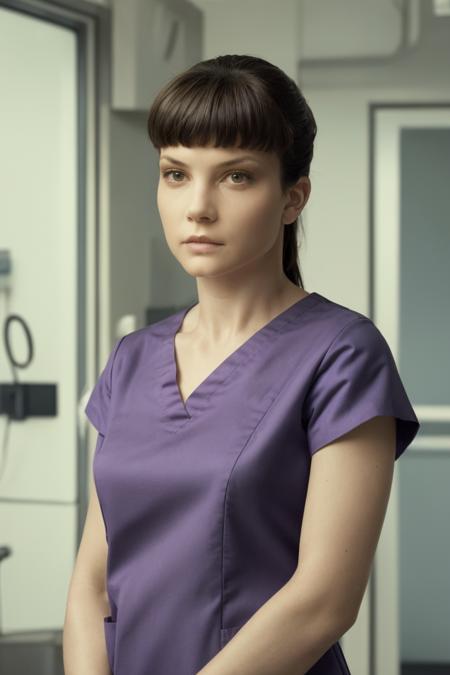 portrait photography, nurse, purple scrubs, worried expression, hospital background, masterpiece, high quality, soft colors, bokeh, (high detailed skin:1.1)
 <lora:luv_br2049_lora_v01:0.85> luv