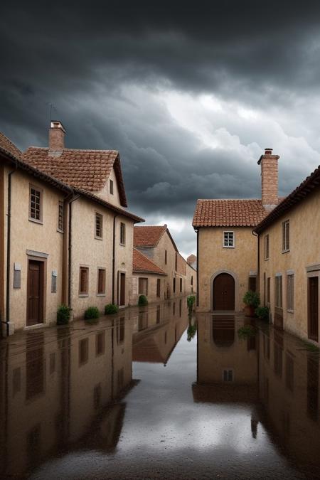 scenery, conceptart, A highly detailed portrait of a medieval village, during a rainstorm with a cloudy sky, masterpiece, best quality, intricate detail, absurdres, chromatic aberration, depth of field, soft lighting, tone mapped, highly detailed, artstation, concept art, smooth, sharp focus, dramatic lighting, highly detailed artwork, cinematic, trending on Artstation, 8K, incredible shadows, (highly detailed background:1.0)