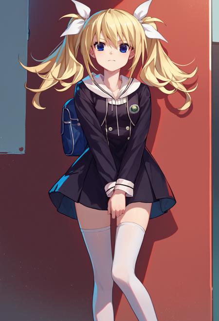 HinaSchool, blue eyes, blonde hair, twintails, white hair ribbon, black short dress, patch, white thighhighs HinaCasual, blue eyes, blonde hair, twintails, black  hair ribbon, black hooded jacket, denim shorts, pantyhose,white sleeves Hinadef, blue eyes, blonde hair, twintails,