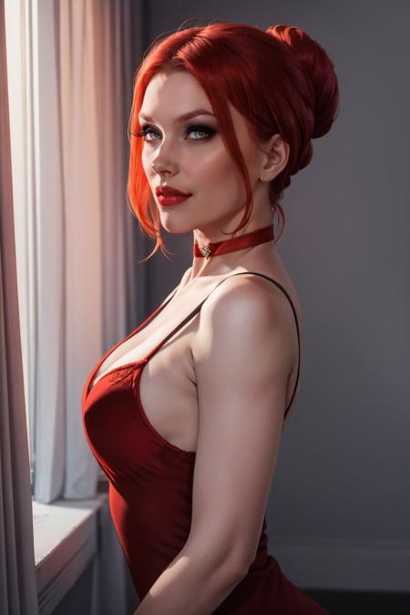 <lora:VV-10:0.6>, velvetVTMB_soul3142, 1girl, dress, choker, makeup, red choker, lipstick, hair bun, red lips, single hair bun, looking at viewer, grey eyes, nail polish, cowboy shot,