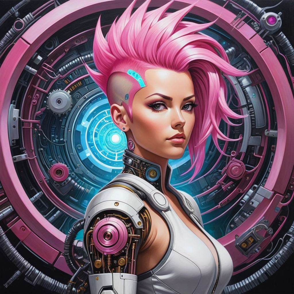 cinematic oil painting of a science fiction woman with a pink mohawk and mechanical circuitry in a mystical technological ...