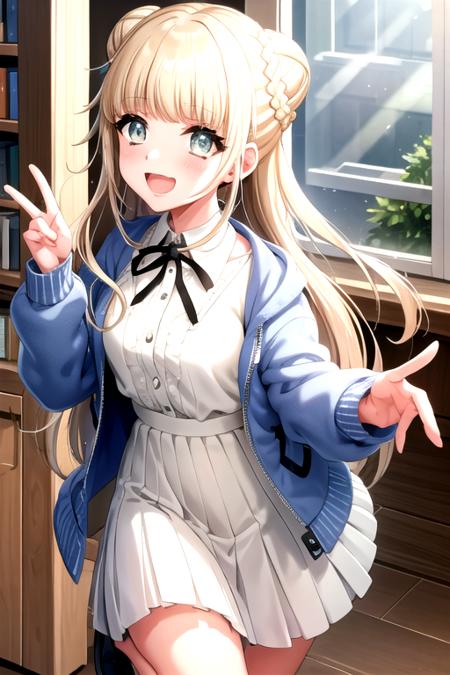 <lora:NoaFukushima-04:0.8>, kawaiimunichan, smile, open mouth, long sleeves, dress, holding, jacket, braid, :d, open clothes, indoors, hair bun, white dress, book, window, double bun, blue jacket, emphasis lines, open book, collared dress, megaphone