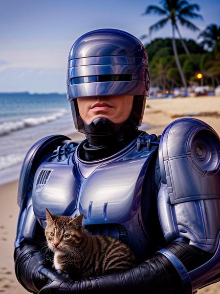 ocprobocop portrait photo of man holding a kitten on a beach, very sharp, high quality, nice bokeh, professional photography <lora:add_detail:0.7> <lora:hjocprobocop_v10:0.85>