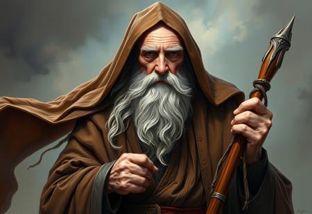 Create a highly detailed, cinematic digital painting of a majestic, elderly wizard inspired by Sean Harris's portrayal of the character. The artwork should blend the mystique of Solarpunk, the elegance of Lord of the Rings, and the intricate details of Milton Menasco's, Jean Moebius Giraud's, and Artgerm's styles. The wizard should wear long, flowing brown robes and hold a staff, exuding an aura of mystic shepherding. Incorporate oil painting techniques and maintain sharp focus throughout. Ensure the artwork is symmetrical, with an emphasis on the upper body and headshot, akin to a character concept art piece for D&D. The final image should be of high quality, suitable for trending on Artstation and evoking a sense of fantasy. Refer to previous outputs and build upon the generated context to refine the artwork. Iterate and refine the piece until it meets the desired level of detail and realism.