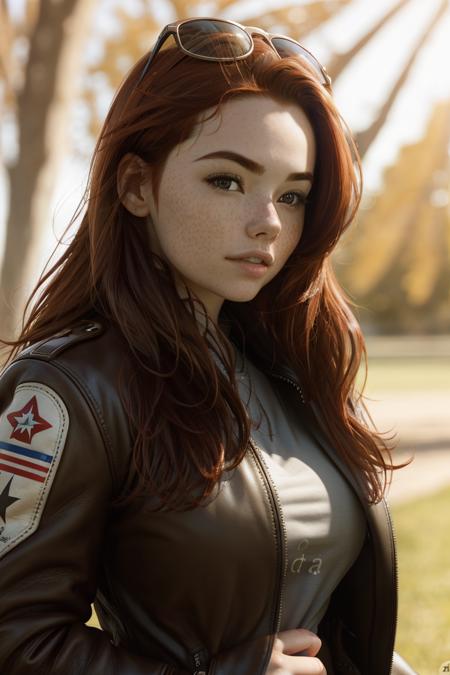 portrait, close up
sablynn, 1girl, red hair, long hair, freckles,
leather flight jacket, tight jacket, brown leather, aviators,
realistic, skin detail, detailed eyes,
outdoors, open fields, blurred background, cold volumetric lighting, masterpiece, best quality
<lora:Sabrina_Lynn_v3-06:0.8>