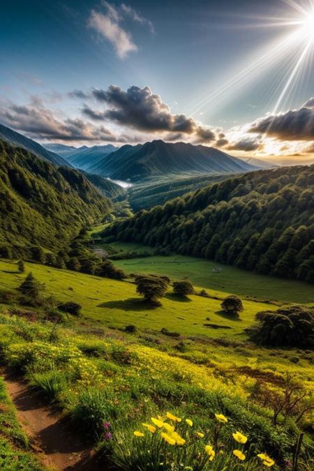 sunlight, nature, outdoors, scenery, flowers, rain, delicate forest grove, wild nature, picturesque scenery, enchanting sunrays, beautiful sky, majestic landscape, pristine vegetation, high quality, sharp focus. ultra detailed, vivid colors,