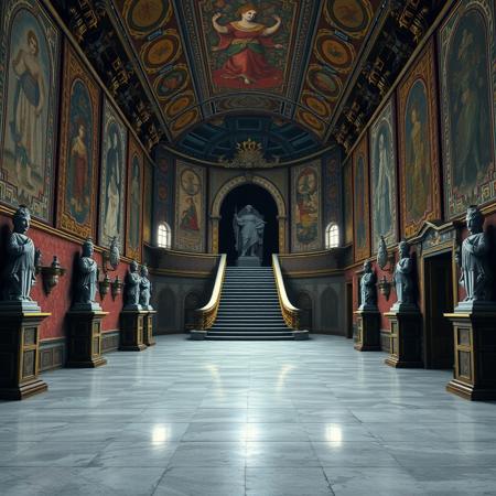 A liminal space inside Peach’s Castle from Super Mario 64. The grand hall is vast and empty, the walls adorned with faded tapestries and statues that seem to stare blankly into space. The floors are cold, the sound of footsteps echoing unnervingly through the stillness. The once vibrant and lively space feels abandoned, with no people, no sounds, and only the weight of silence hanging in the air. The grand staircase leads up into darkness, and the sense of solitude is overwhelming, as if time has stopped and the castle itself is forgotten.