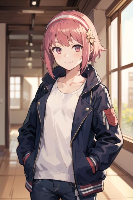 <lora:Sakura_fe_v1:.5>, 1girl, solo, sakura_fe, hairband, light smile, indoors, jacket, hands in pockets, petite, small breasts