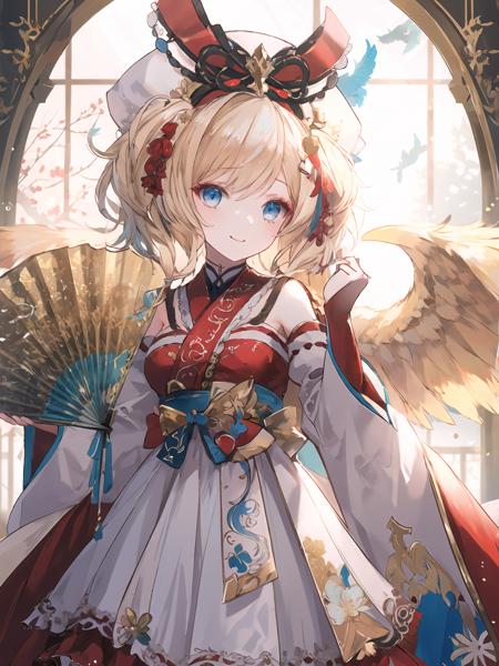 masterpiece,best quality,highres,cinematic lighting,dramatic angle,<lora:ResplendentPhoenixV1:0.8>,1girl,light blonde hair,twintails,hair ornament,ribbon,bowit,eblue eyes,looking at viewer,white dress,detached sleeves,red skirt,folding fan,hand fan,wide sleeves,wings,happy,birds around,shy