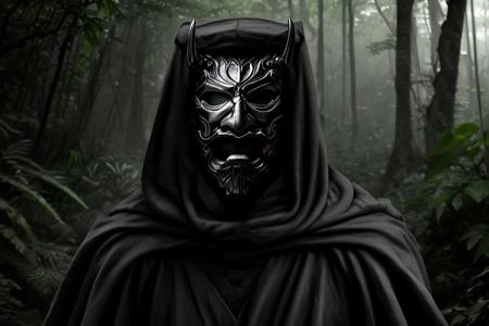 long shot, <lora:Inmorterius:0.9>, realistic photo of a man wearing a dark hood, devil steel mask, black robe, at the elven jungle, (sharp focus, highly detailed, 4k, 8k, best quality, masterpiece, ultra highres:1)