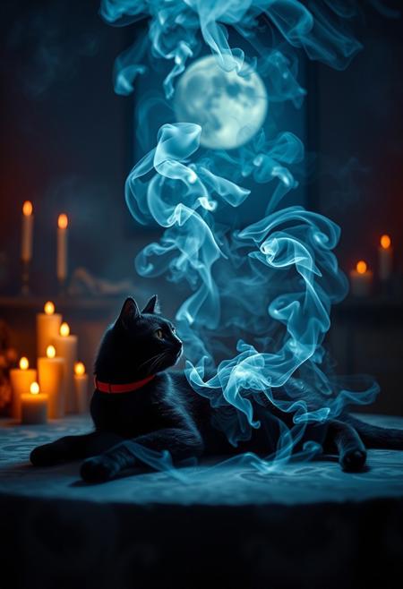 A mesmerizing image of smoke lit with a heavenly light elegantly forming a lifelike cat silhouette sitting on a table next to the prone lifeless body of a black cat with a red collar. The intricate details and vibrant colors of the cat, along with the perfect balance of smoke density and airiness, create an incredible visual effect. The background reveals a mystical or enchanted setting, possibly a dimly lit room with candles, a burning incense, and a moonlit sky. The combination of photo, illustration, 3D render, and painting techniques make this piece a true masterpiece., 3d render, photo, painting, vibrant, illustration.