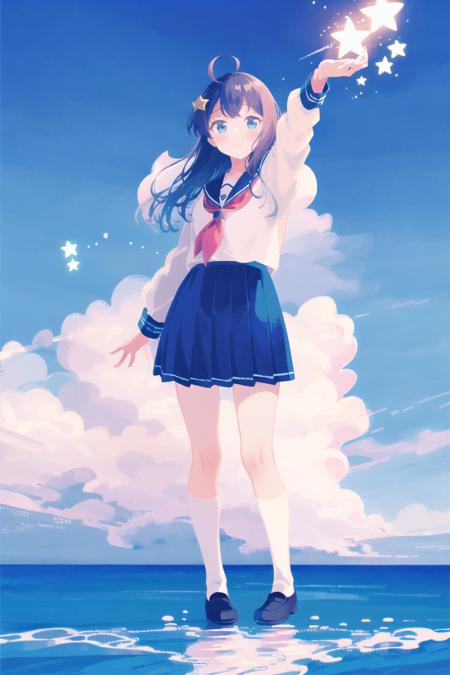 1girl, solo, blue eyes, brown hair, virtual youtuber, long hair, bow, skirt, star hair ornament, ahoge, fire, hair ornament, sailor collar, hair bow, outdoors, neckerchief, standing, shoes, looking at viewer, red neckerchief, holding, sky, long sleeves, full body, star (symbol), white skirt, shirt, white footwear, bangs, school uniform, serafuku, water, pleated skirt, white sailor collar, cloud, blush