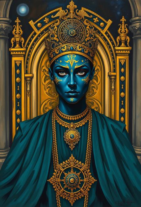 regal figure, dark blue skin, gold facial markings, ornate jewelry, deep teal robe, golden throne, baroque style, celestial motifs, radiant medallion, gothic architecture, fantasy royalty, divine aura, mystical setting, symmetrical composition, dramatic lighting, portraiture, surrealism, expressive faces, dreamlike elements, vibrant colors, abstract forms, mixed media, oil paint, acrylic, pencil, ink, textured layers, emotional depth, identity, introspection, muted tones, bold strokes, mystery, unconscious mind