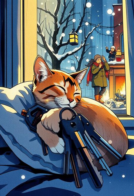 Paint a serene yet dynamic watercolor scene in the Flux art style, where a sleeping cat is *fully nestled within a keys in a keychain*. The cat’s body, rendered in soft, cat color brown with a little orange and a little white with a black M in his forehead, in a soft pillow near to a house window, inside an apartment with a fireplace warm, outside a heavy snowfall a a group of people in coats freezing banging on the window trying to get the cat's attention