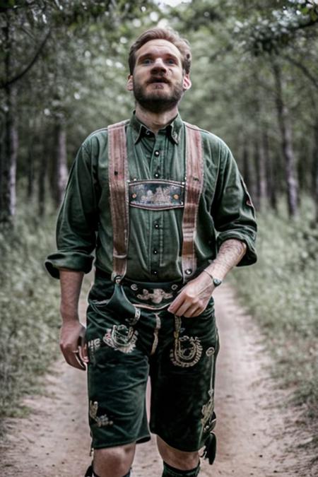 cinematic photo,  PewDiePie wearing a lederhosen and crosspiece with Moss green colored shirt , in  Dry Savanna Forest, 35mm photograph, film, bokeh, professional, 4k, highly detailed <lora:Lederhosen-v1:.9> <lora:epiCRealismHelper:.7>  <lora:PewDiePie_vng:1>