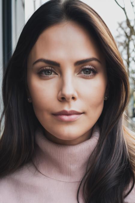 ctn  piercing eyes, looking straight, very happy,long hair, wearing an pink turtleneck sweater, closeup portrait, in a outdoor cafe in 2015, afternoon light,<lyco:CharlizeTheron-RealVision-V1.0:1.0>