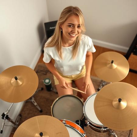 a young woman playing a drum kit, blonde hair, playful smile, white crop t-shirt, pale yellow short shorts, seen from above, seen from the side, home studio, soft colors