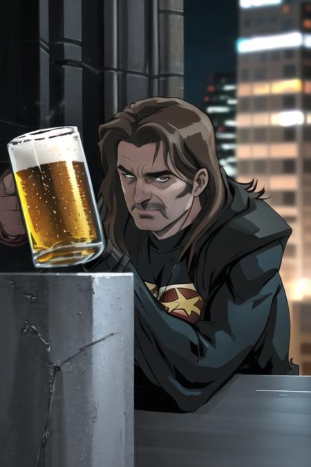 comics style,30 years old ozzakcs1 superhero holding beer pint like weapon ,serious,on the roof of skyscraper,in storm,close up,close-up,intricate lighting,highly detailed background,Fujifilm XT3,analog style <lora:ozzakCs1v1:0.56>