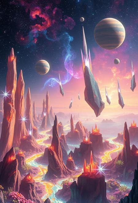 In a stunning celestial tableau, a distant planet's landscape unfolds: towering, iridescent flora illuminates against a backdrop of floating islands suspended within a radiant nebula. Crystalline formations and glowing, extraterrestrial plants mingle amidst rivers of shimmering liquid light, casting an ethereal glow across the terrain. In the distance, luminescent creatures blend seamlessly with the fantastical environment, as multiple moons and a giant, ringed planet dot the horizon, further elevating the surreal beauty of this alien world.