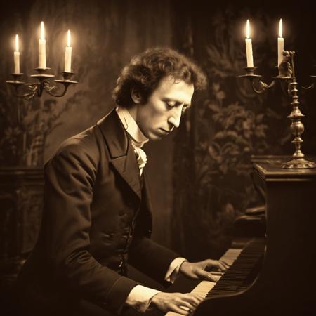 old photograph, young Frideric Chopin plays piano, dark room, nintinth century, candeliers, weeak light, dim light, light tint of sepia