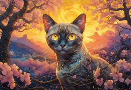 PsychadelicChaos, absurdres, high resolution, detailed, stylized by Alex Ross, Marc Silvestri, photograph, close up of a In a surreal landscape, the iconic Siamese Cat psychadeliced in a vibrant Enticing Yellow psychadelic is seen in front of a backdrop of cherry blossom flowers. at Sunset, Light, Gadgetpunk, Cold Lighting, Kodak portra 800, 80mm, One Color, <lora:Upgraders\Detail Tweaker XL:1.0>, <lora:Challenge\aidmaPsychadelicChaosWorldMorphXL-V0.1:1.0>