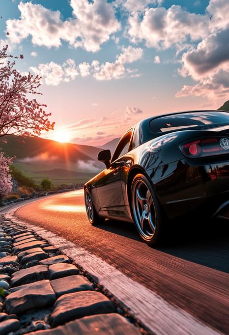 A Honda S2000 from a three quarter front view speeds through a winding mountain pass in Japan, wheels screeching as it navigates sharp turns. The s2000 shimmers from the high-speed passage reflecting off the mirror finish black paint, and the sunset on the horizon glows red and purple and pink. Chrome-plated 5 spoke alloy wheels with exposed brake components are mounted on thick tires. The sun casts a golden glow on the windshield as it navigates the turn. The cherry blossoms are everywhere, blowing in the gentle breeze that ripples the flagstones along the road, leaving a wispy trail behind. Mist rises from the valley below, revealing lush meadows. The sky is a brilliant blue with puffy white clouds, casting a warm shadow on the rocks.