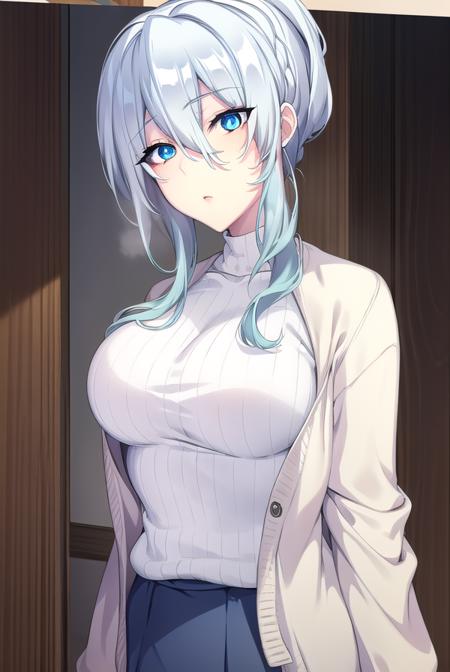 yukionayukino, <lyco:yukionayukino-lyco-nochekaiser:1>,
yuki ona yukino, long hair, bangs, blue eyes, hair between eyes, blue hair, ponytail,
BREAK skirt, long sleeves, black skirt, sweater, turtleneck, ribbed sweater, white sweater, cardigan, blue cardigan, open cardigan,
BREAK indoors, bed,
BREAK looking at viewer, (cowboy shot:1.5),
BREAK <lyco:GoodHands-beta2:1>, (masterpiece:1.2), best quality, high resolution, unity 8k wallpaper, (illustration:0.8), (beautiful detailed eyes:1.6), extremely detailed face, perfect lighting, extremely detailed CG, (perfect hands, perfect anatomy),