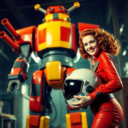 score_9, score_8_up, score_7_up, ArsMovieStill, movie still from a 1930s technicolor movie, a big colorfoul robot human form with multiple weapons on a big workshop background, a human woman pilot, 20 years old, smile, red curly hair, curvy, big ass, tight red pilot suit holding a space helmet