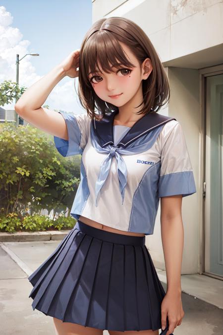 (masterpiece, best quality:1.2), <lora:loveplus_anegasaki-11:1>, cowboy shot, solo, 1girl, anegasaki nene, smile, looking at viewer, hand in own hair, school uniform, serafuku, skirt